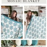 A woman displays a blue and white Snowflake Blanket with a delicate crochet pattern. Yarn, hooks, and a partially finished blanket are shown below. Text reads "Snow Flurries Mosaic Blanket.