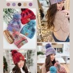 Collage of a person modeling vibrant chunky granny stitch hats. Other images display assorted crochet hats arranged on a surface. Text reads: "Chunky Granny Stitch Crochet Hat - Free Pattern Available.