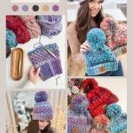 A vibrant collage displays chunky granny stitch hats in a range of colors, alongside yarn balls and a person proudly holding a finished crochet hat. Discover the creativity with our free pattern.