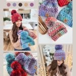A collage showcases a woman in a chunky knit hat, holding more hats in vibrant colors. The display includes close-ups of pom-pom adorned crochet hats crafted with a chunky granny stitch and features a playful color palette swatch.