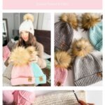 A woman holds three colorful knitted hats with faux fur pom-poms; other images showcase similar hats and a crochet herringbone pattern beside a cozy Snowy Season Sweater.