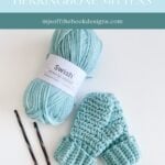 A skein of light blue yarn, a pair of crocheted herringbone mittens, two crochet hooks, and a Snowy Season Sweater swatch are displayed on a white surface.