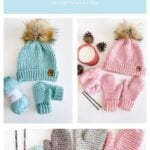 Image showing knitted hats with faux fur pom-poms, matching mittens in pastel colors, yarn, pinecones, knitting needles, and a candle, alongside the Snowy Season Sweater, promoting a cozy herringbone mittens pattern.