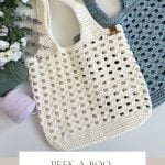 Two crochet market bags, one white and one blue, displayed with flowers and yarn. Text reads: "PEEK-A-BOO MESH MARKET BAG Crochet Pattern & Video Bulky, Quick & Easy.
