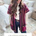 A woman dons a crochet ruana in a cozy living room setting. Text reads: "Granny Pop Ruana, Easy Crochet Pattern & Video, XS-5X sizes. Enjoy a free crochet pattern that guides you through each step.