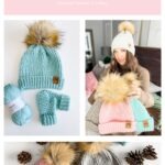 Collage showing crocheted herringbone hats with faux fur pom-poms in blue, pink, and gray, displayed with matching mittens, yarn, and a Snowy Season Sweater, modeled by a smiling woman indoors.