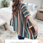 A woman wearing a vibrant, crocheted granny stitch ruana stands in a bright room. Text reads: "Granny Pop Ruana: Easy Crochet Pattern & Video, XS-5X sizes.