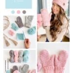 Collage showing pink crochet mittens, yarn, crochet hooks, and a woman in matching pink mittens and a pom-pom hat. Text advertises a herringbone mittens crochet pattern and video—perfect to pair with your Snowy Season Sweater.