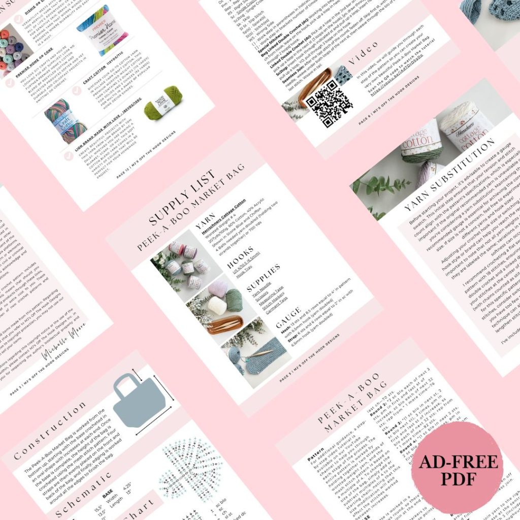 A selection of craft instruction pages is displayed on a pink background, featuring texts, images of yarn, QR codes, and diagrams for projects like a Crochet Mesh Bag. A pink circle notes "AD-FREE PDF.