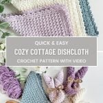 Three crochet dishcloths in pastel colors are displayed flat; below, yarn, a crochet hook, and dishcloths folded into bunny shapes are arranged on a white surface.