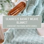 A light blue Basket Weave Blanket with a crochet pattern is displayed on a couch, alongside wooden utensils, greenery, and white ceramic dishes. Text reads: Seabreeze Basket Weave Blanket.