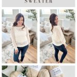 A woman models the Caribbean Sea Sweater, a cream crochet design, in a bright living room; beneath are skeins of “Comfy” yarn. Text reads "Caribbean Sea Sweater Crochet Pattern & Video Sizes XS-5X.