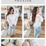 A woman models the Caribbean Sea Sweater, a white crocheted design, shown from front and back; below are four skeins of beige Comfy cotton yarn. Text reads: “Caribbean Sea Sweater - Crochet Pattern & Video.”.