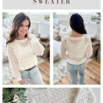 A woman models the Caribbean Sea Sweater—a white crochet sweater shown in front and back views. A close-up highlights its stitch pattern. Text above reads: "Caribbean Sea Sweater, XS-5X, Crochet Pattern & Video.