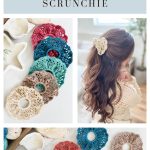 Five crochet scrunchies in vibrant colors are displayed on a table, with an inset photo showing a Crochet Scrunchie styled in a woman's hair. Text features the "Caribbean Seashore Scrunchie" crochet pattern.