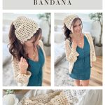 A woman models a cream-colored crochet bandana and matching cardigan over a teal dress, with a close-up of the crochet bandana displayed on white fabric. Text reads "Caribbean Boho Bandana.
