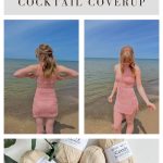 A woman models a pink crochet dress coverup at the beach in two photos. Below, skeins of beige Comfy brand yarn and a crochet hook are shown—perfect for starting your next crochet pattern or even a trendy granny square bag.