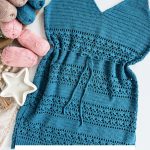Teal crochet cocktail coverup dress is displayed flat with yarn balls, a crochet hook, and a star-shaped dish beside it; labeled "Caribbean Cocktail Coverup Crochet Pattern & Video," perfect to pair with your favorite Caribbean Beach Bag.