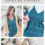 Collage showing a woman modeling a blue crochet dress with a cream coverup, a close-up of the dress, and several skeins of yarn labeled “Comfy” beside crochet hooks—perfect inspiration for your next crochet pattern or granny square bag.