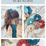 Collage featuring a woman wearing a Crochet Scrunchie, surrounded by crochet supplies and several colorful Crochet Scrunchies arranged next to a star-shaped dish.