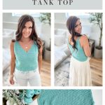 A woman models a light blue Crochet Tank Top in two poses; below is a close-up of the crocheted top with crochet supplies on a table. Text describes the crochet pattern and sizing.