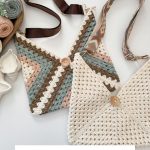 Two crocheted Caribbean Beach Bags with buttons and decorative straps are displayed on a white surface, alongside yarn balls and crochet supplies. Text reads "Caribbean Beach Bag: Easy Crochet Pattern & Video.