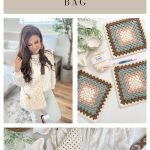 Collage showing a woman with a Caribbean beach bag, three crochet pattern ideas using granny squares with yarn and hooks, and a close-up of the bag on a striped cloth with accessories.