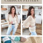 Two images show a woman modeling a Caribbean Crochet Cardigan, along with a close-up of crochet supplies and the cardigan in progress. Text highlights the stylish Caribbean Cardigan crochet pattern.