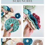 Collage showing Crochet Scrunchie designs in various pastel and neutral colors, yarn balls, and hands holding individual scrunchies. Text above reads "Caribbean Seashore Scrunchie.