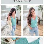 A woman models a sleeveless, teal Crochet Tank Top in two poses; below is a close-up of the tank top laid flat beside a starfish and greenery. Text indicates it's a crochet pattern.