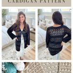 A woman models a black Caribbean Crochet Cardigan in front and back views; close-ups highlight the intricate crochet patterns in various yarn colors. Text reads "Caribbean Cardigan Pattern.