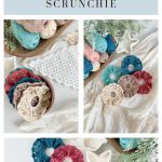 Crochet scrunchies in various colors are displayed with starfish, greenery, and lace, alongside balls of yarn and crochet tools in a coastal, neutral-themed setting.