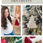 A woman holds a crocheted Loopy Tree ornament; nearby are red, green, and white Loopy Tree crochet ornaments displayed on a tree and a table with holiday decorations.