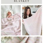 Collage showing a crochet rainbow peaks blanket: a baby wrapped in the Alpine Stitch Blanket, a woman holding it, and a close-up of the pattern. Text reads “Rainbow Peaks Blanket.”.