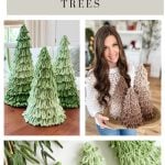 Collage showing Loopy Tree crochet Christmas trees in green and brown ombre tones, a woman holding some trees, and a close-up of the crochet detailing. Text reads: "Loopy Ombre Trees.