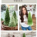 A collage shows crocheted ombre green Loopy Trees on display, a woman holding one tree, and a row of crocheted trees on a mantle; text reads "Loopy Ombre Trees Easy Crochet Pattern With Video.
