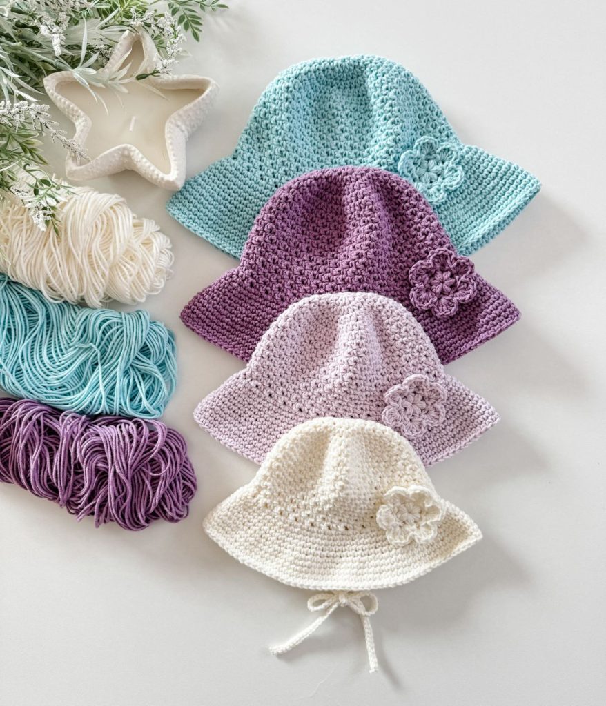 Four crocheted baby sunhats in blue, purple, lavender, and white, each with a flower detail, are arranged on a table with matching yarn and a star-shaped dish nearby.