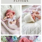 Three photos of babies in adorable crocheted baby sunhats, lying on blankets, with a display of colorful baby sunhats shown below. Text describes an easy-to-follow crochet pattern perfect for making charming hats for little ones.