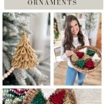Collage showing crochet tree ornaments in various colors, featuring a close-up of a gold Loopy Tree, a woman holding a basket of trees, and a basket filled with multiple crochet trees.