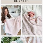 Collage showing a woman holding an Alpine Stitch Blanket, a baby lying under the blanket, and a close-up of pastel yarn with the label "Sweet Swirl." Text reads: "Rainbow Peaks Blanket.