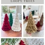 Three Loopy Crochet Trees in red, green, and cream are displayed on a table, with a hand holding a tan tree topped with a wooden star. Text advertises the crochet pattern for creating your own festive Loopy Crochet Trees.