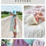 Collage featuring a toddler in a blue crocheted sunhat, a baby in a white baby sunhat, and four pastel crochet hats, all displayed with the "Baby Sand Sunhat Pattern" label.
