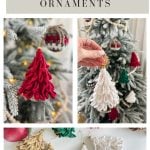 Collage showing crocheted Christmas tree ornaments, including a whimsical Loopy Tree design, in red, white, green, and gold, hanging on a decorated Christmas tree and displayed on a neutral background.