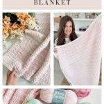 Collage featuring a pastel crochet Alpine Stitch Blanket, a woman holding the blanket, close-up yarn details, and three skeins of Sweet Swirls yarn for the Rainbow Peaks Blanket crochet pattern.