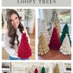 A woman holds a red Loopy Crochet Tree; other crocheted trees in cream, red, and green are displayed on a table and mantel, creating a festive holiday scene. Text overlays highlight the Loopy Crochet Trees pattern.