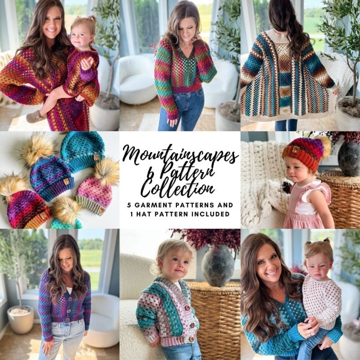 A collage displays women and children modeling colorful crocheted sweaters and hats by Mjs Off The Hook Designs, with the text: "Mountainscapes Pattern Collection: 5 garment patterns and 1 hat pattern included.