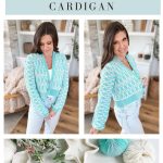 A woman models a turquoise and white crocheted cardigan, the Old Town Sweater. Below, yarn, crochet hooks, and a swatch of the same pattern are displayed on a table.