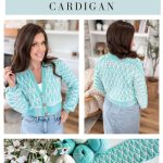 A woman models a light blue and white crocheted cardigan reminiscent of the Old Town Sweater; yarn and a crochet hook rest on matching crocheted fabric. Text reads "Seaglass Mosaic Cardigan.