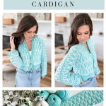 A woman models a light blue and white crochet Old Town Sweater cardigan; yarn, crochet hook, and fabric are displayed with white flowers on a table. Text describes the unique Old Town Sweater cardigan pattern.