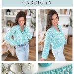 Collage showing a woman modeling a blue and white crochet cardigan, with a close-up of the cardigan’s mosaic pattern and crochet supplies. Text reads: “Seaglass Mosaic Cardigan – inspired by the charm of the Old Town Sweater.”.